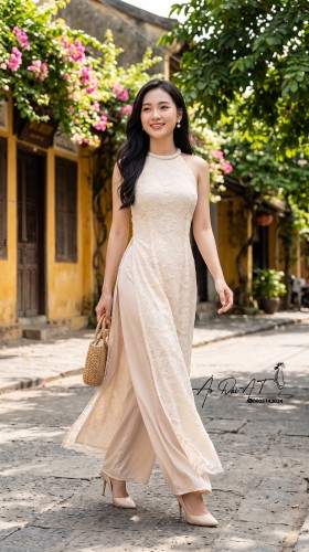 Áo Dài Cách Tân Yếm Ren Kem Nude ADY-0021