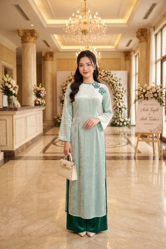 Áo Dài Cách Tân 4 Tà Tơ Ánh Kim Màu Xanh Ngọc