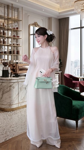 Áo Dài Cách Tân Yếm Kim Sa Lưới Màu Kem Nude ADCT-0011