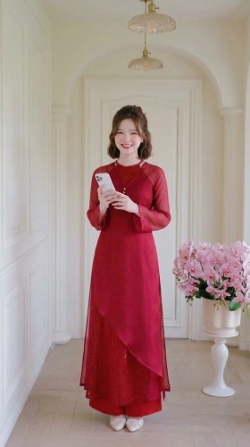 Áo Dài Cách Tân Yếm Ren Kim Sa Màu Đỏ