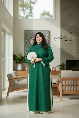 Áo Dài Dáng Suông Bigsize 4 Tà Tơ Ánh Kim Xanh Rêu