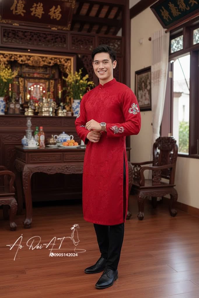 Áo dài nam đỏ đô ADN-0011-1