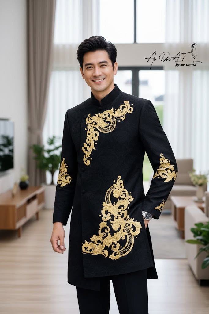 Áo dài nam màu đen thêu vàng cao cấp ADN-001-2