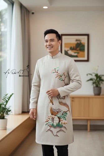 Áo Dài Nam Màu Kem Thêu Họa Tiết Hươu ADN-002-1 Cao Cấp