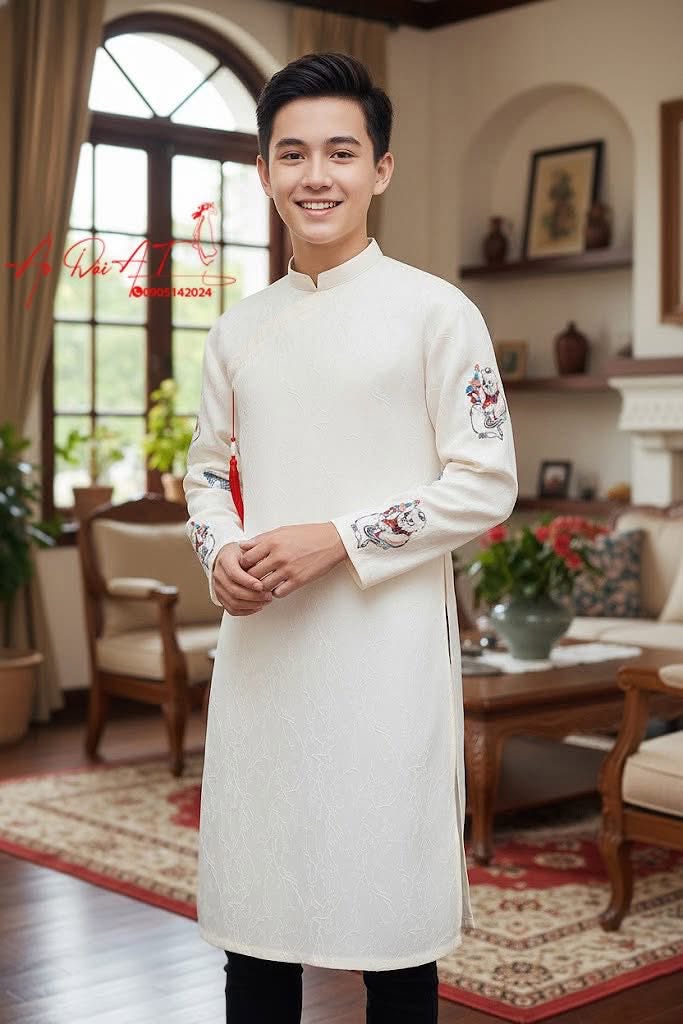 Áo Dài Nam Màu Trắng Kem ADN-0010-1