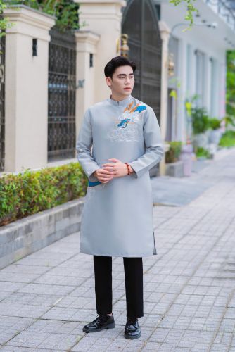 Áo Dài Nam Xám Ghi Thêu Rồng ADN-0012-1