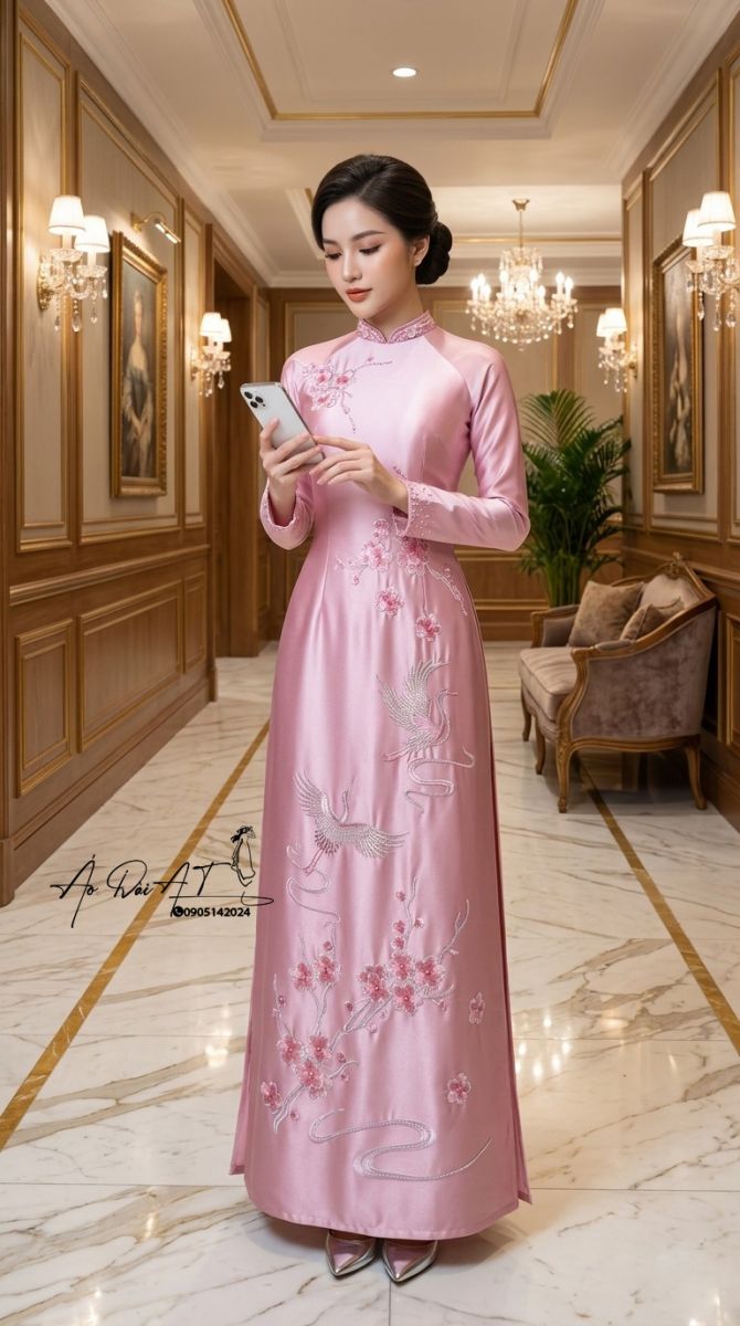 Áo dài trung niên hồng pastel ADTN-003-1