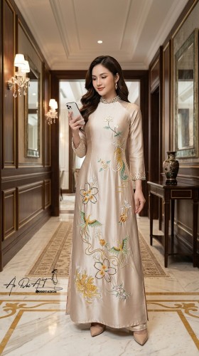 Aó dài trung niên màu beige kem - ADTN-005-1