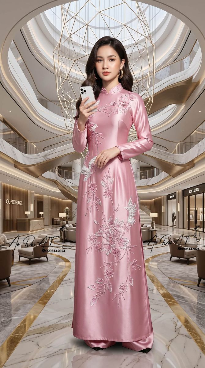 Áo dài trung niên màu hồng phấn ADTN-015-1