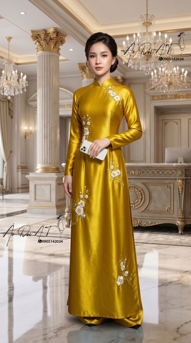 Áo dài trung niên màu vàng đồng ADTN-014-1