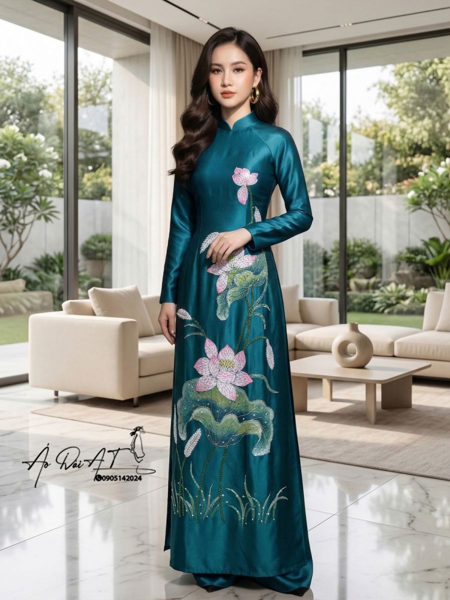 áo dài trung niên màu xanh cổ vịt ADTN-004-1