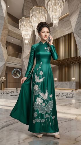 Áo dài trung niên xanh emerald ADTN-012-1