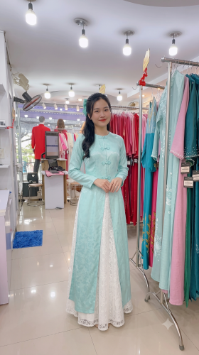 Áo Dài Tứ Thân Tằm Ánh Kim Xanh Ngọc Bích Phối Ren Trắng