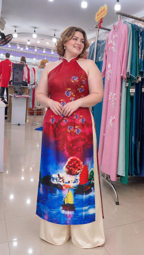 Áo Dài Yếm Bigsize Màu Đỏ In Hình Phố Cổ