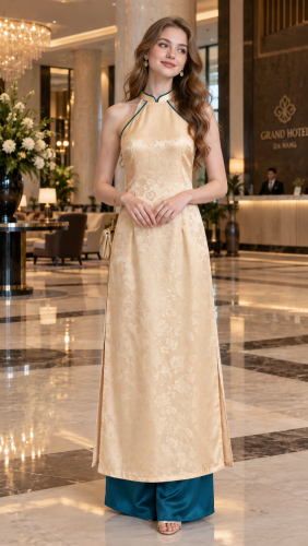 Áo Dài Yếm Màu Kem Nude Gấm Hoa In Chìm